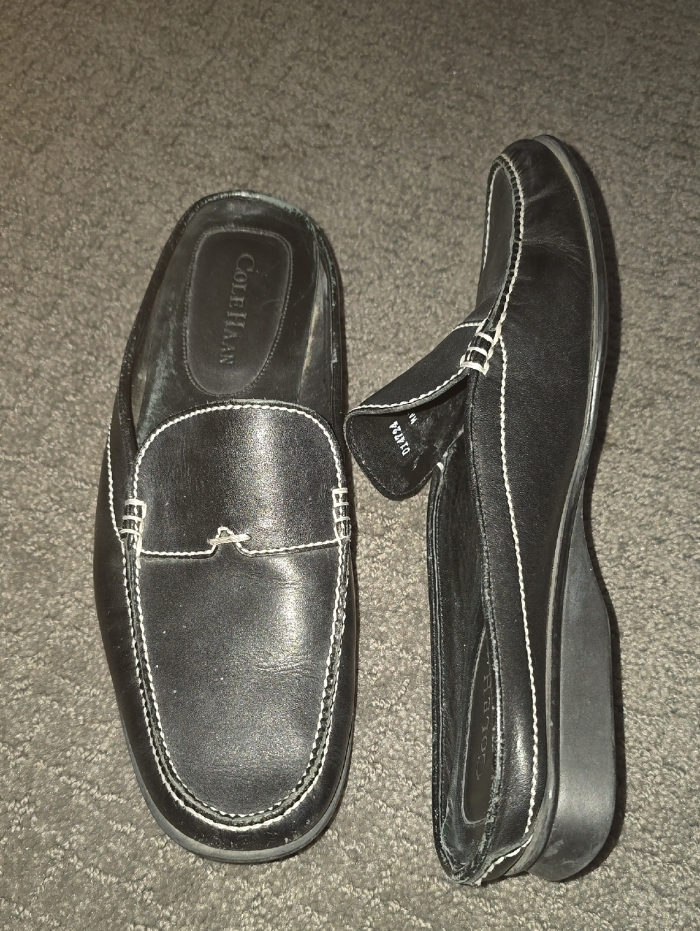 Cole Haan Black Leather Slip-On Loafers with White Contrast Stitching